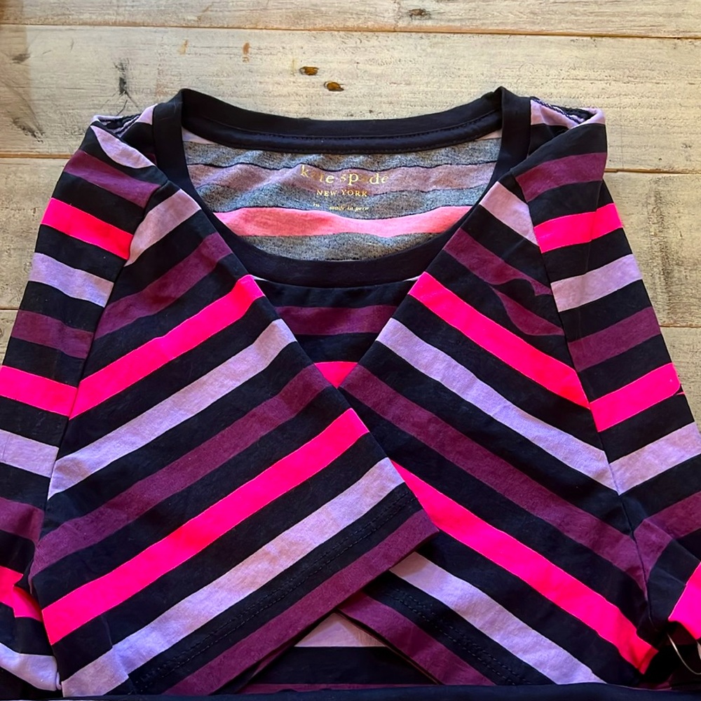 NEW Kate Spade Sz MED Lip Print Shirt Striped Hot Pink & Colorful Short Sleeves